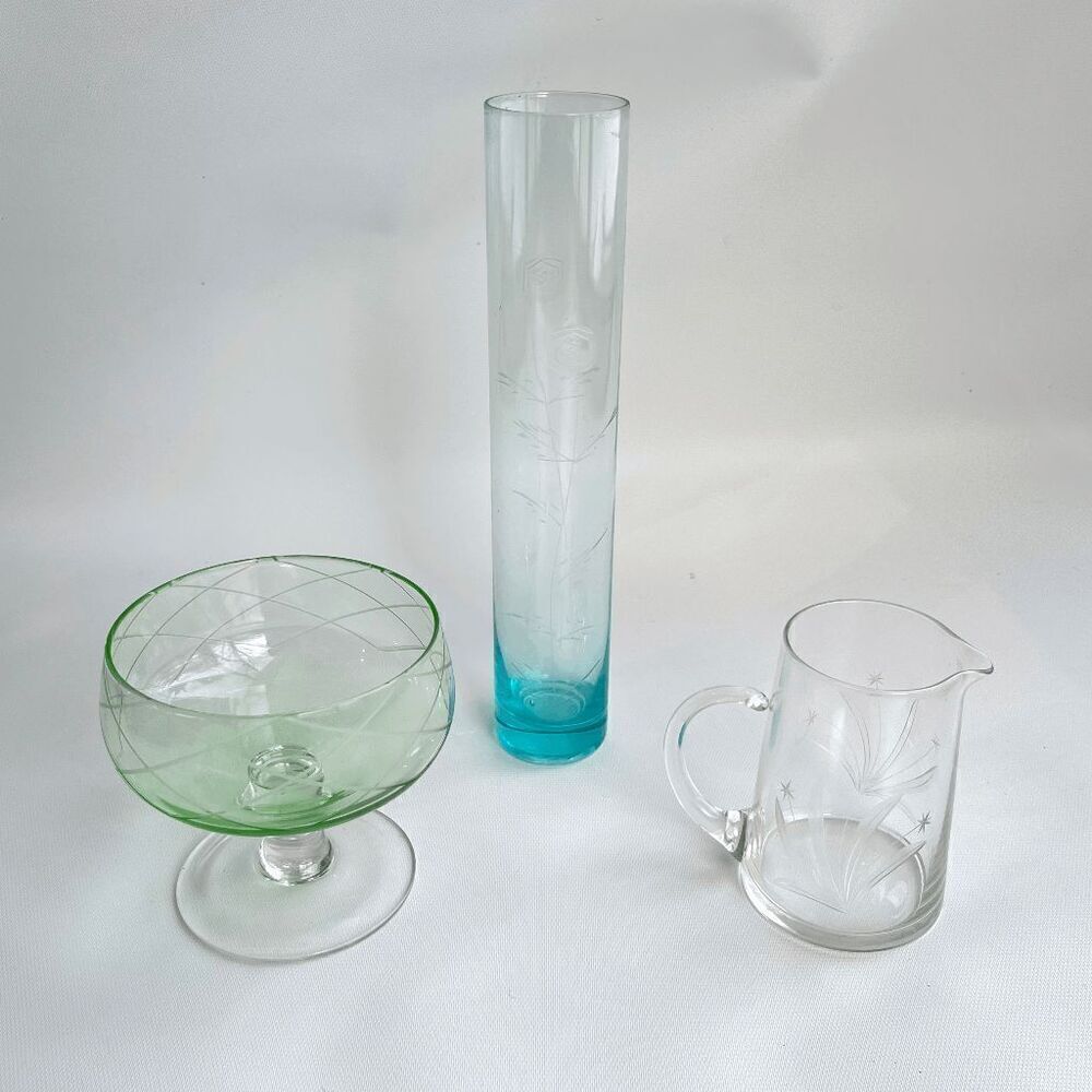 Depression Glass Trio: Green Coupe, Blue Rose Vase, Tiny Pitcher w/ Etching